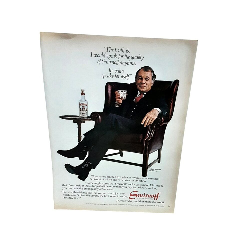 1982 Smirnoff Vodka Lawyer F Lee Bailey In Chair Original Print Ad vintage 80s
